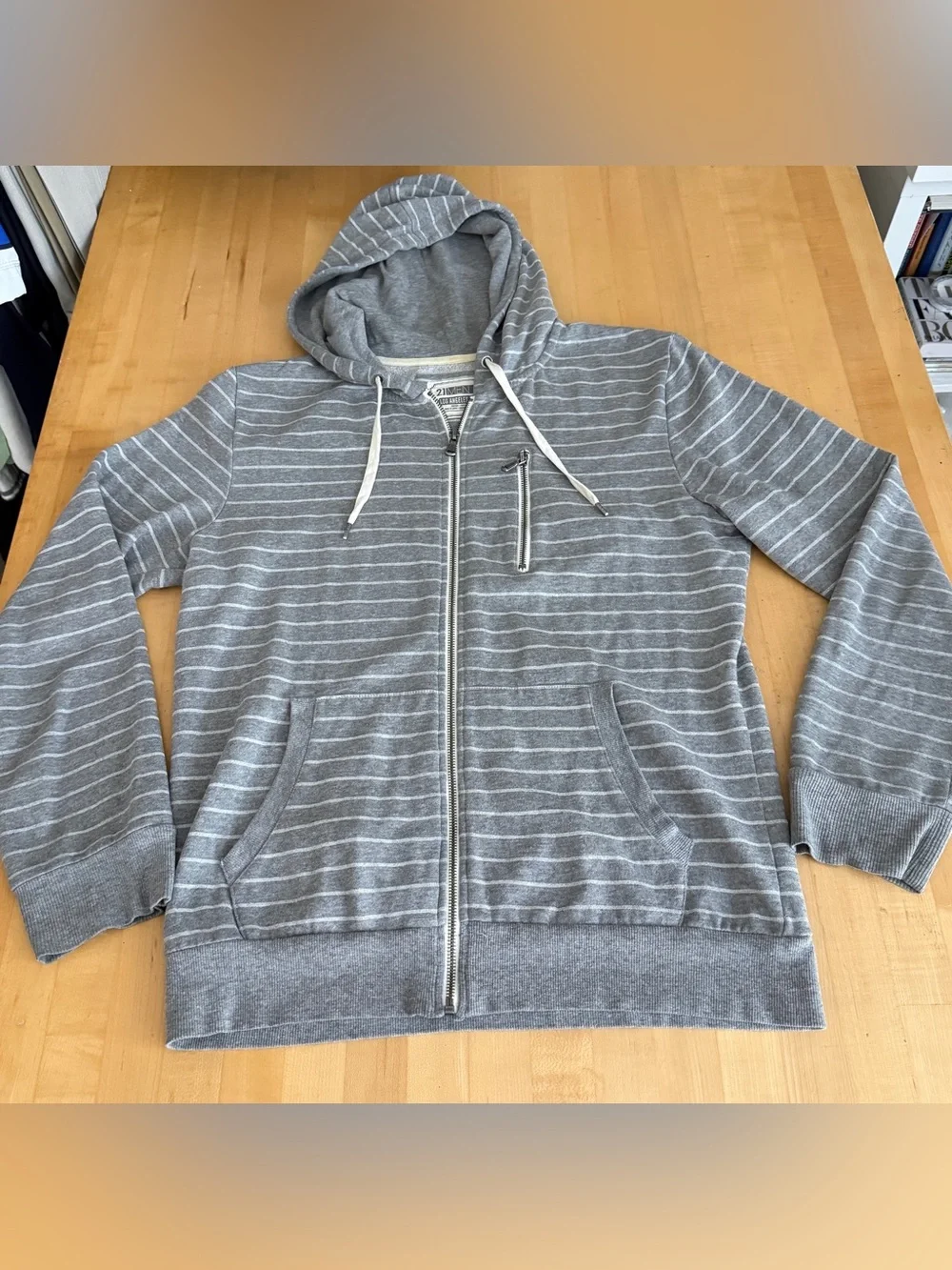 Forever 21 Men Gray Striped Zip-up Hoodie Soft & Cuddly Large